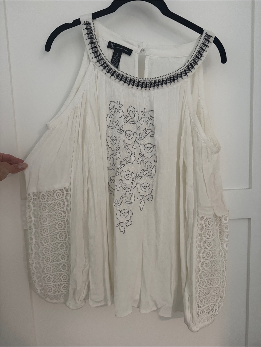 INC International Concepts Cream Embroidered Boho Tank Top with Beaded Neckline